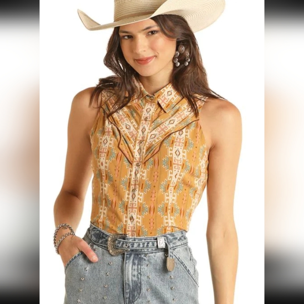 Rock and Roll Aztec Print Sleeveless Snap Button Western Shirt